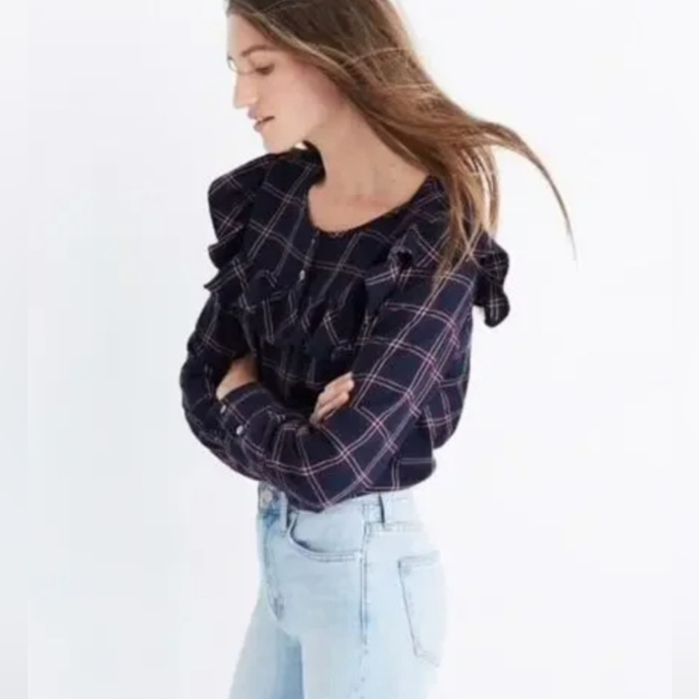 XL Madewell 100% Cotton Berkshire Plaid Ruffle Yoke Button Down Long Sleeve - Picture 3 of 8